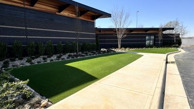 commercial artificial turf landscaping installation at office building in Atlanta GA